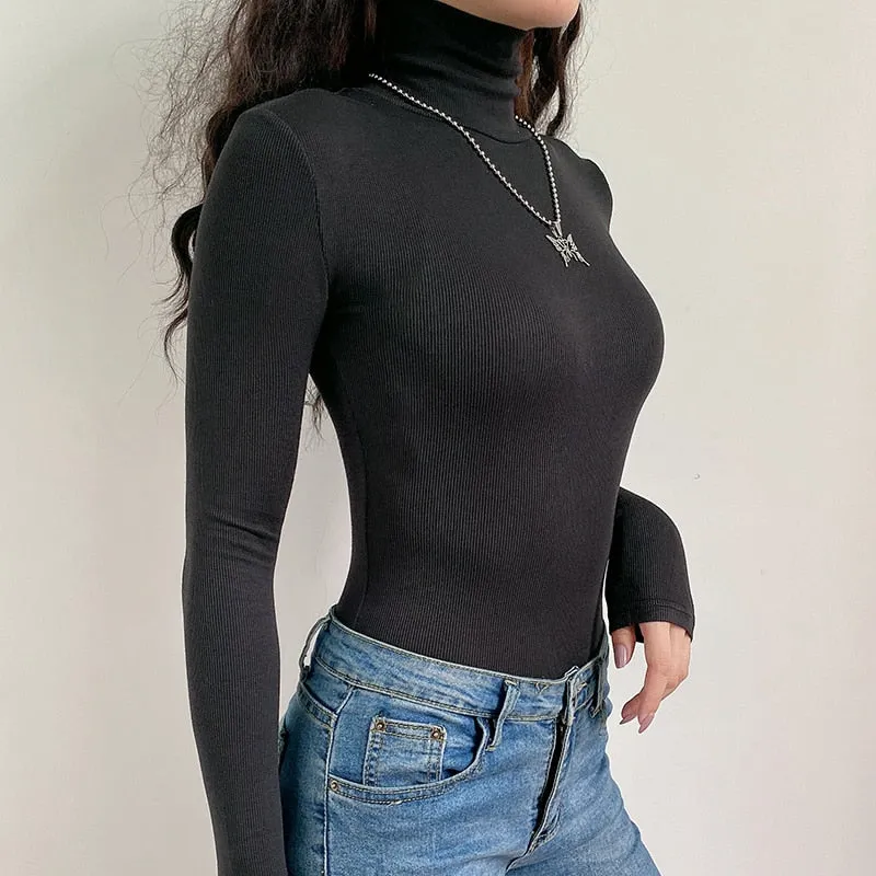 Black Turtleneck Long-Sleeves Slim Bodysuit