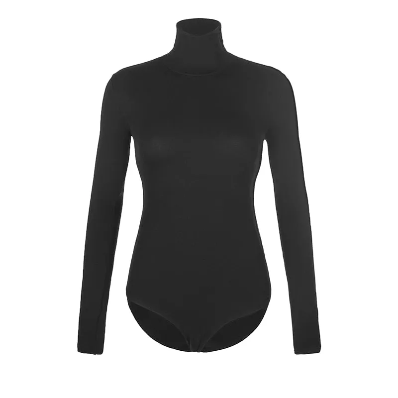 Black Turtleneck Long-Sleeves Slim Bodysuit