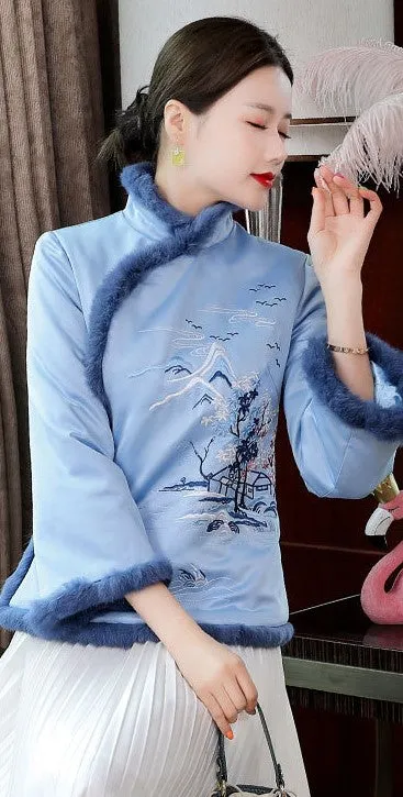 Floral Embroidery Retro Chinese Style Brocade Wadded Coat Comfort Fit