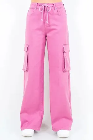 Fuchsia Pink Drawstring Wide Leg Cargo Pants
