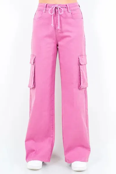Fuchsia Pink Drawstring Wide Leg Cargo Pants