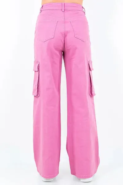 Fuchsia Pink Drawstring Wide Leg Cargo Pants
