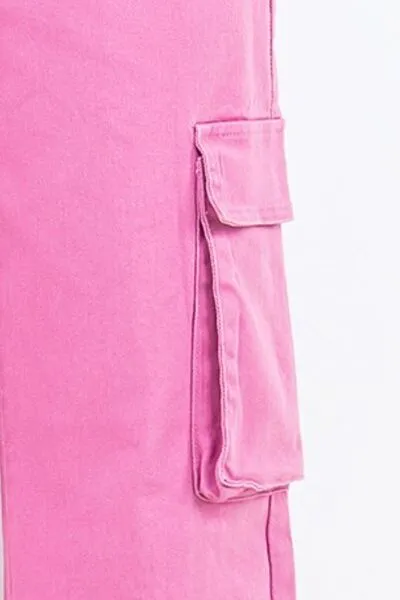 Fuchsia Pink Drawstring Wide Leg Cargo Pants