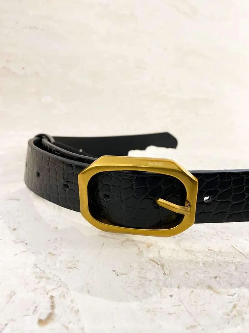 Geometric Buckle Croc Belt Black