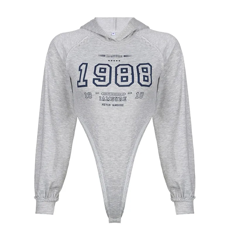 Grey Stitched Digital Print Hooded Bodysuit
