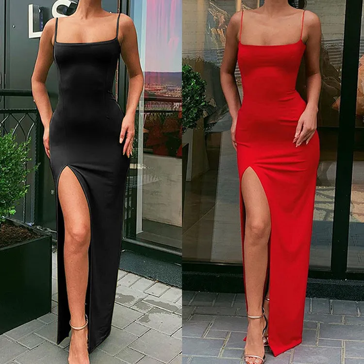 Hip Flattering Sexy Strap Elegant Splitted Solid Colored Dress