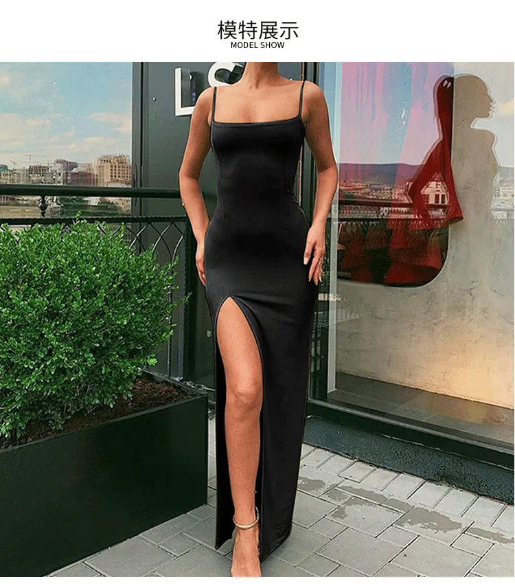 Hip Flattering Sexy Strap Elegant Splitted Solid Colored Dress