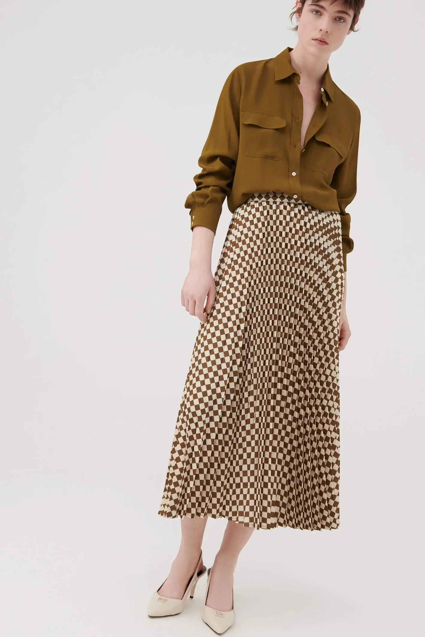 Marella Tolone 2331060338200 Olive Green Pleated Print Skirt