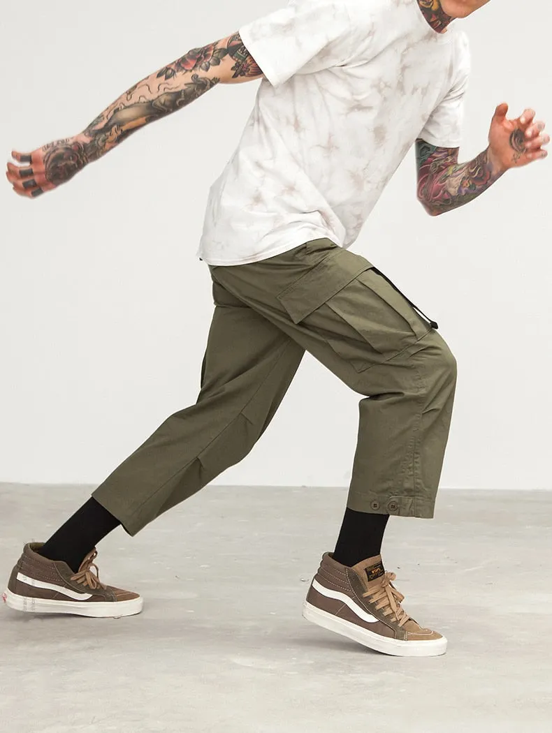 Men's Spring Cotton Multi-Pocket Ankle-Length Loose Cargo Pants