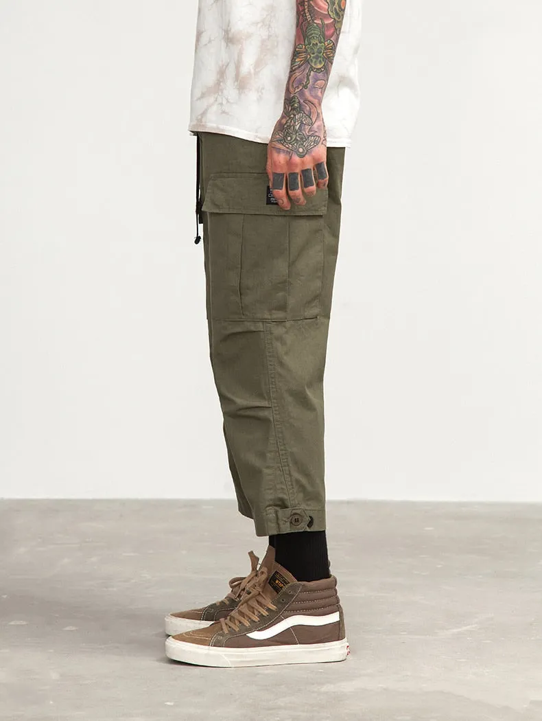 Men's Spring Cotton Multi-Pocket Ankle-Length Loose Cargo Pants