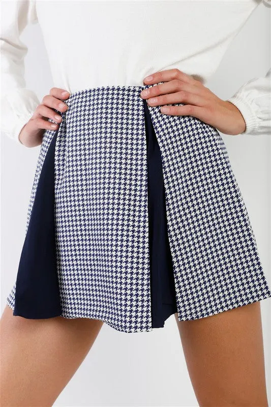 PinkBu02  Houndstooth Print Pleated High Waist Mini Skirt