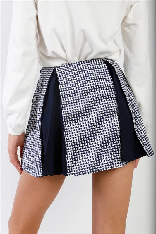 PinkBu02  Houndstooth Print Pleated High Waist Mini Skirt
