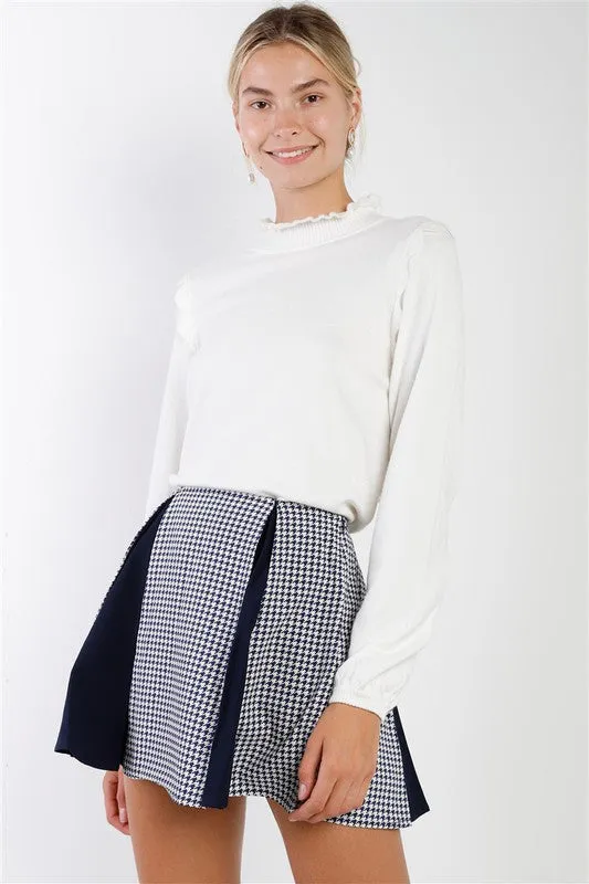 PinkBu02  Houndstooth Print Pleated High Waist Mini Skirt