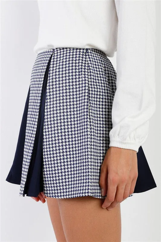 PinkBu02  Houndstooth Print Pleated High Waist Mini Skirt