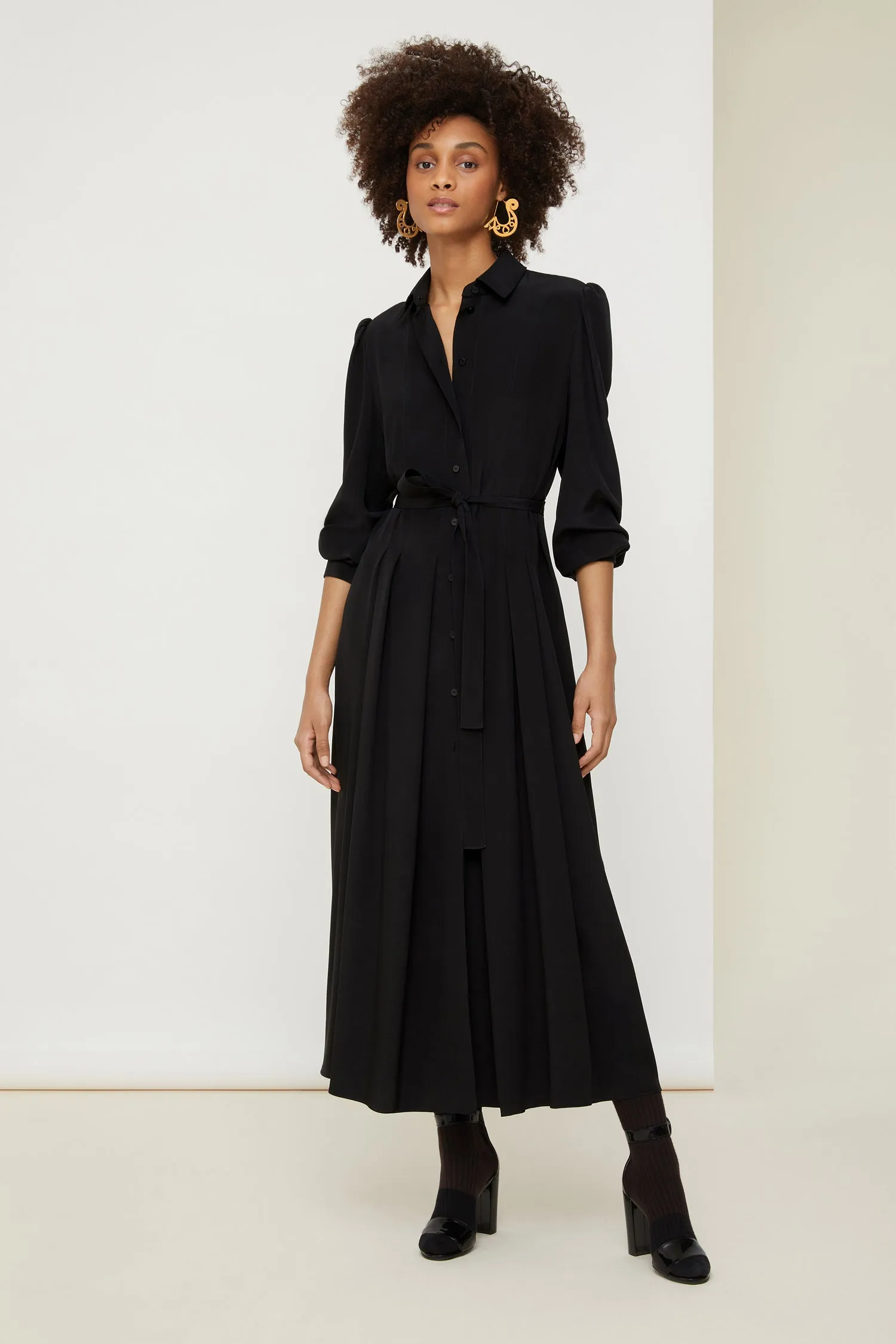 Pleated silk midi shirt dress