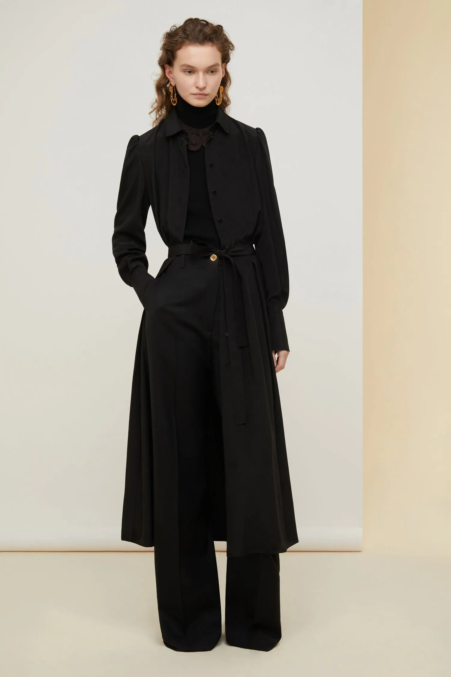 Pleated silk midi shirt dress