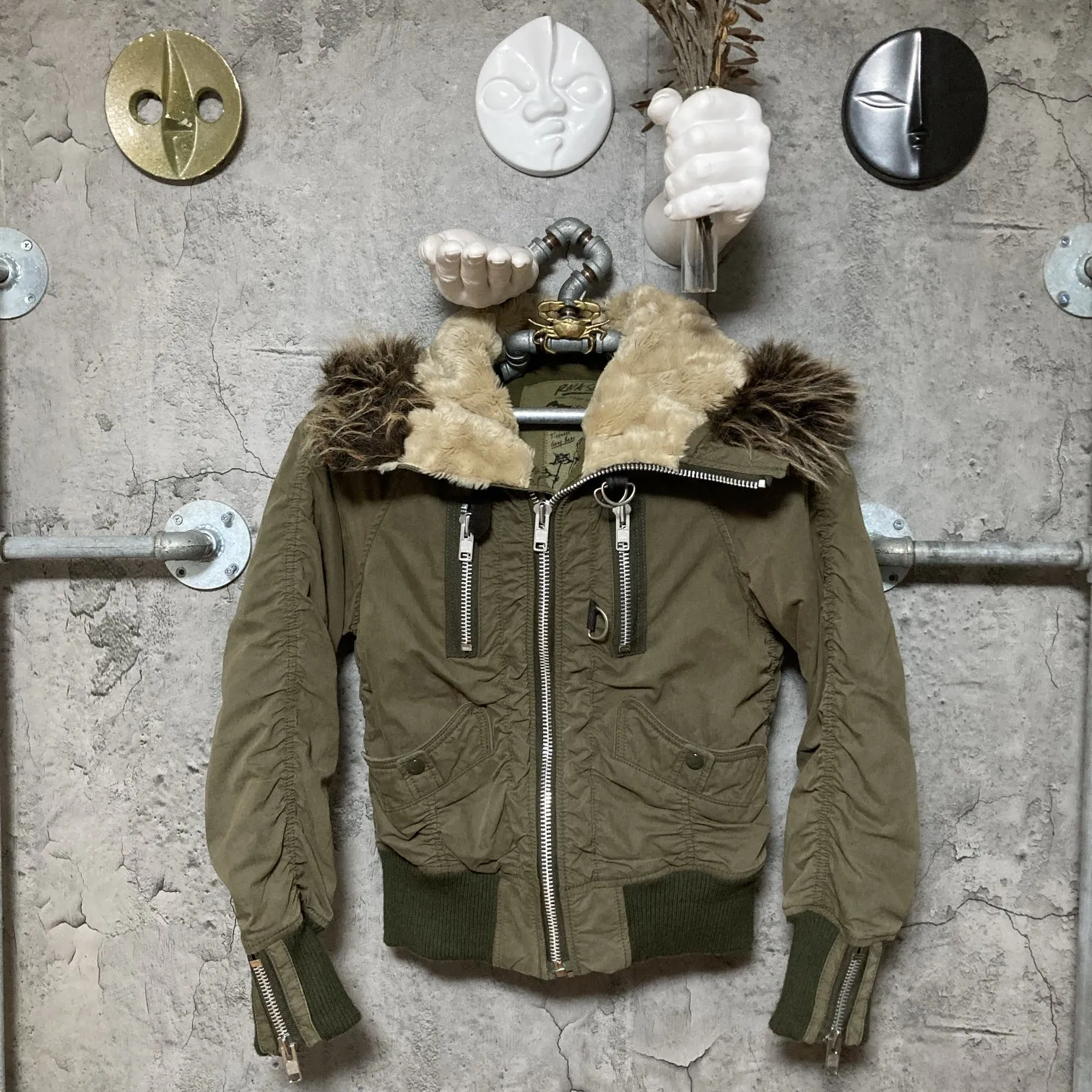 rna slang n-2b flight bomber jacket faux fur green