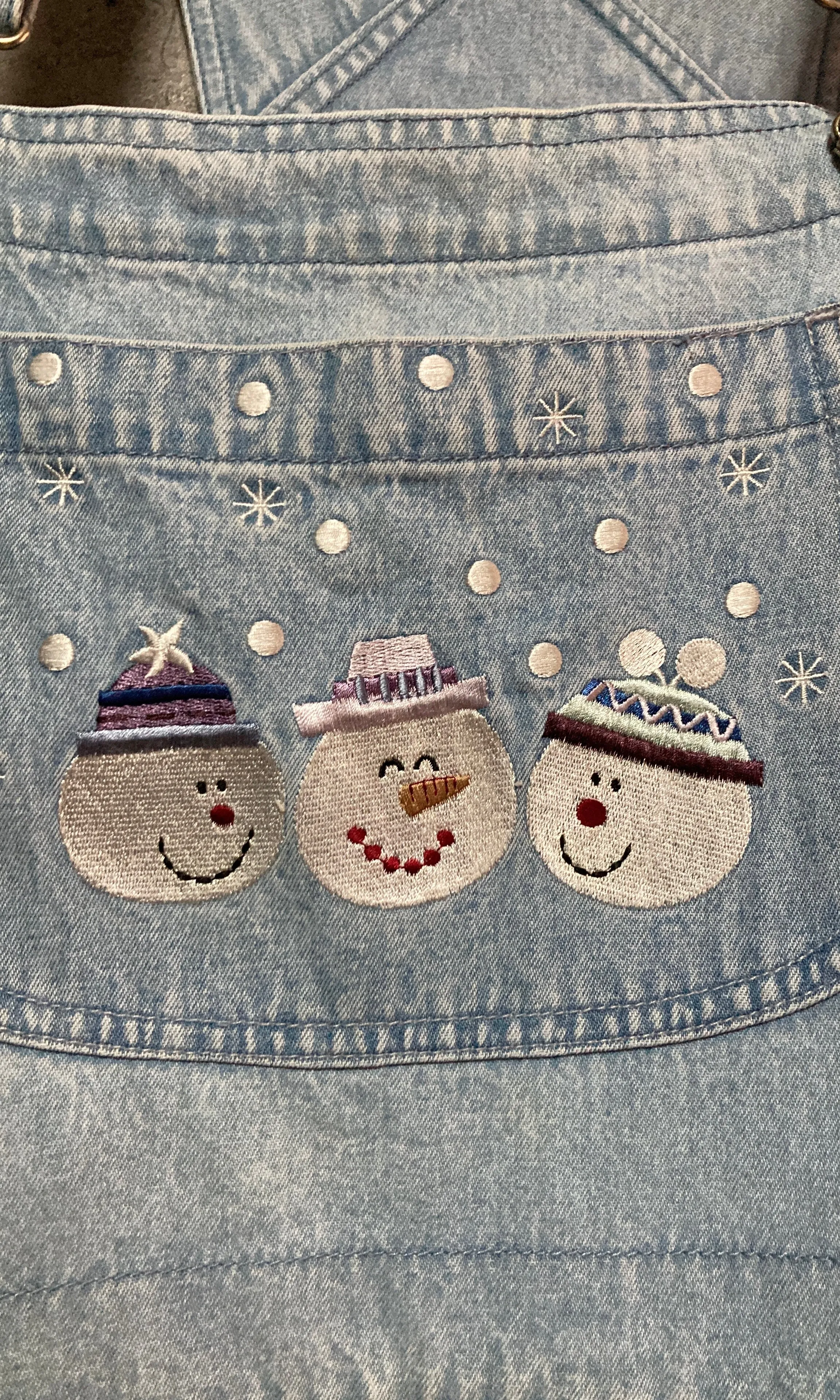 snowman embroidered denim overall