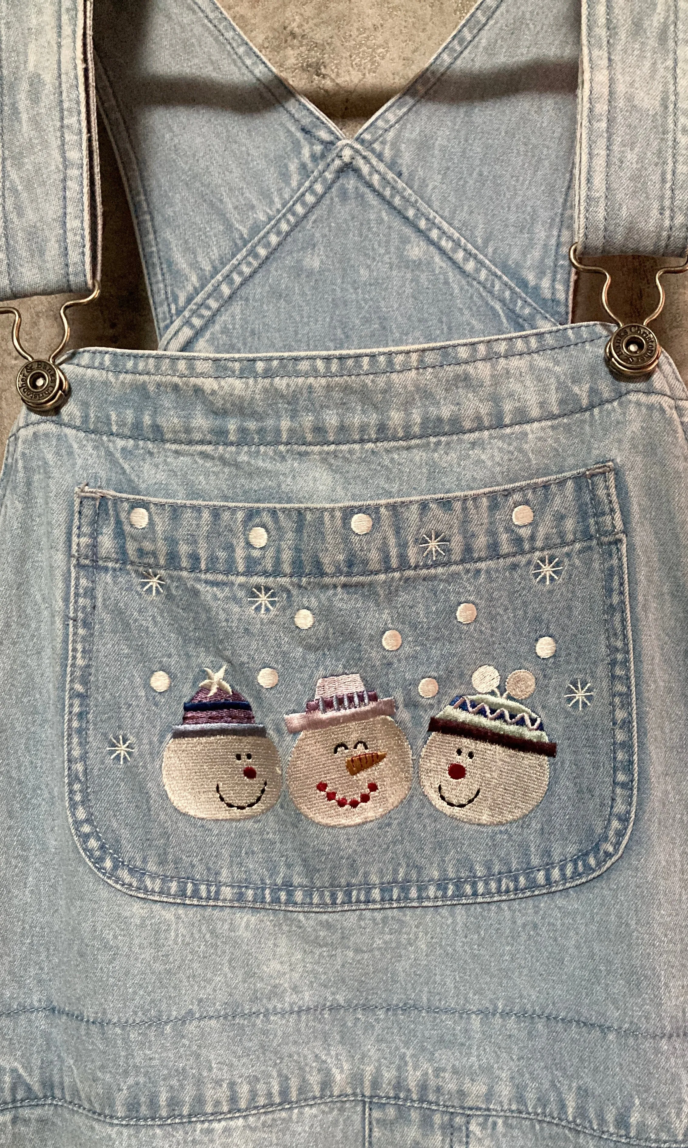 snowman embroidered denim overall