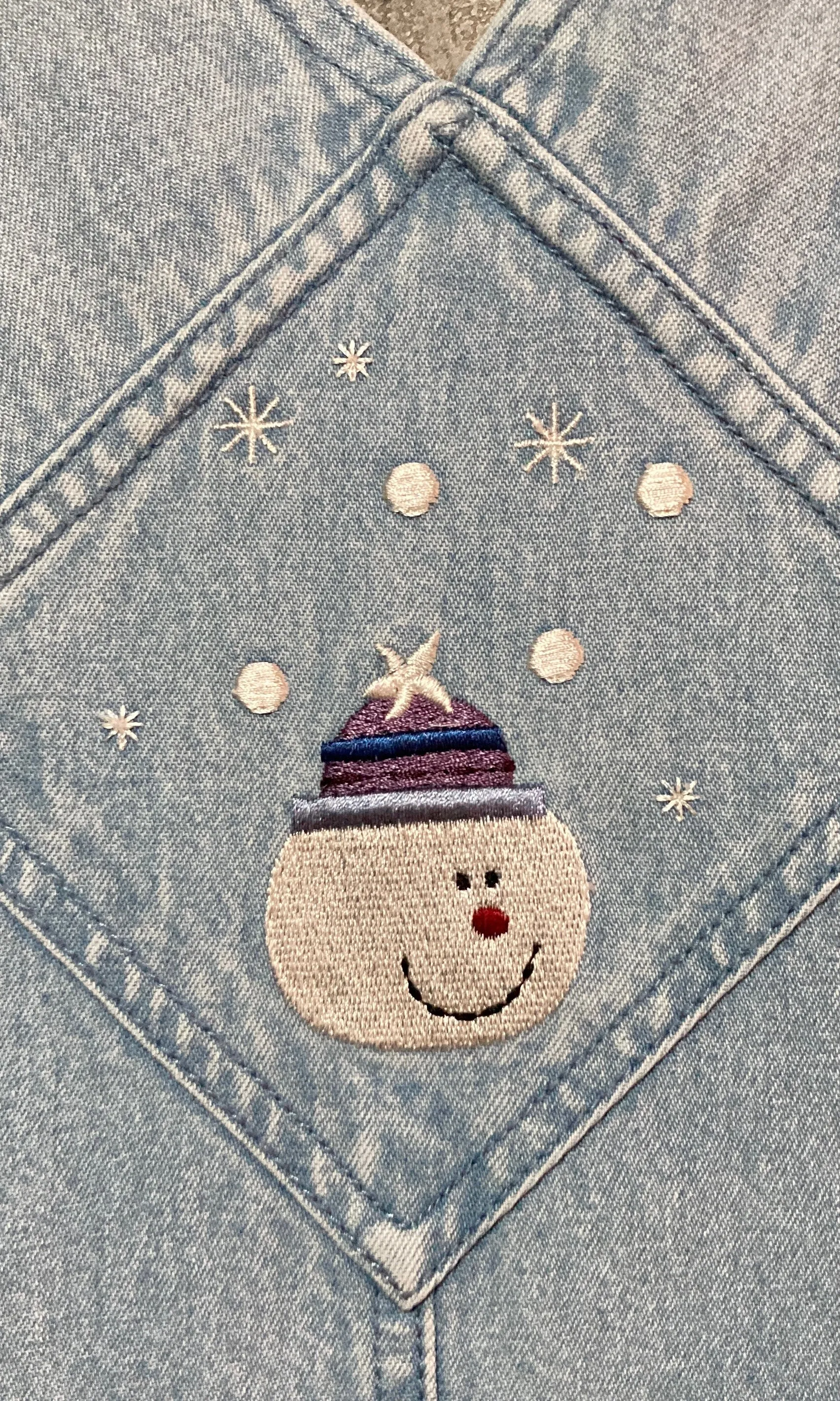 snowman embroidered denim overall