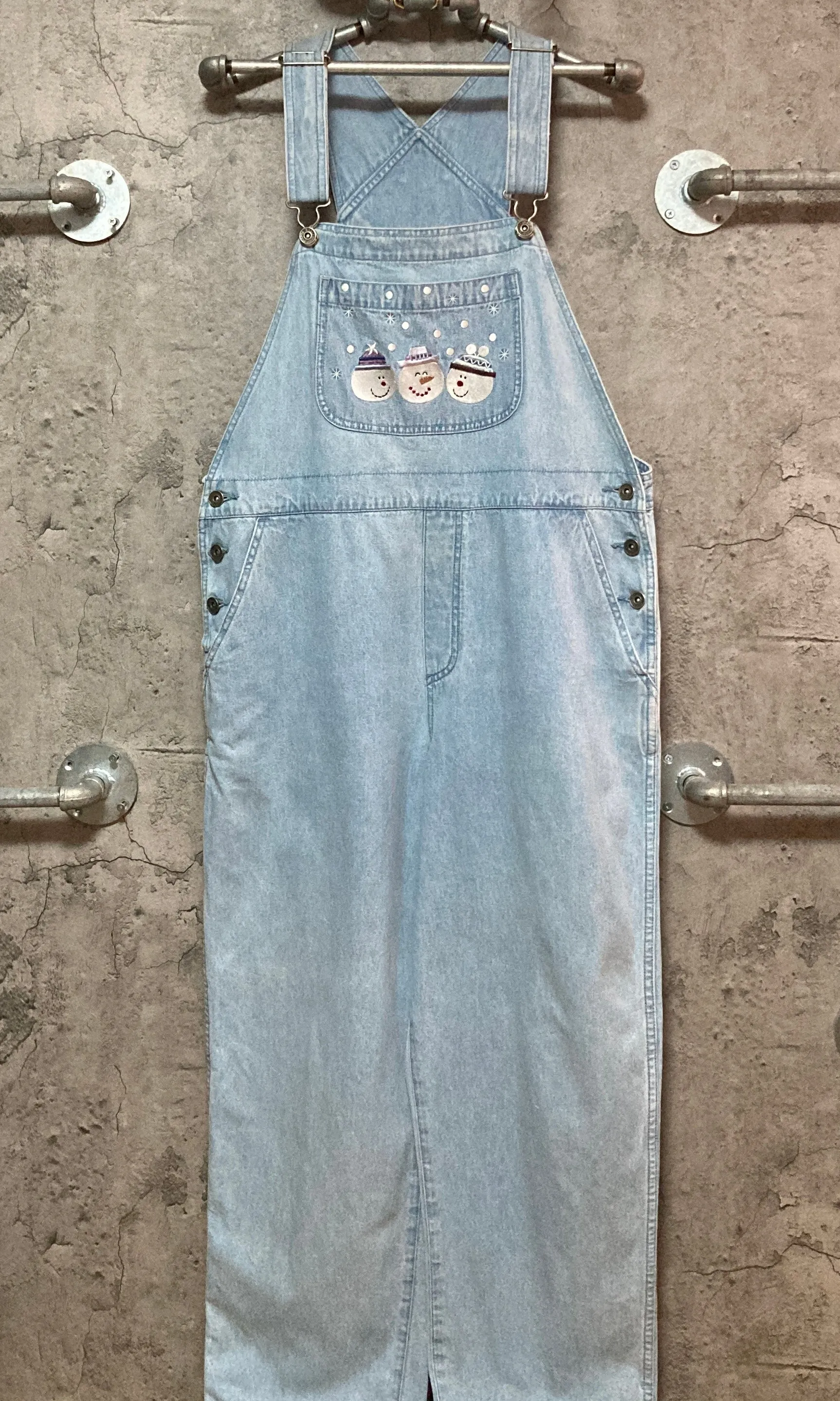 snowman embroidered denim overall