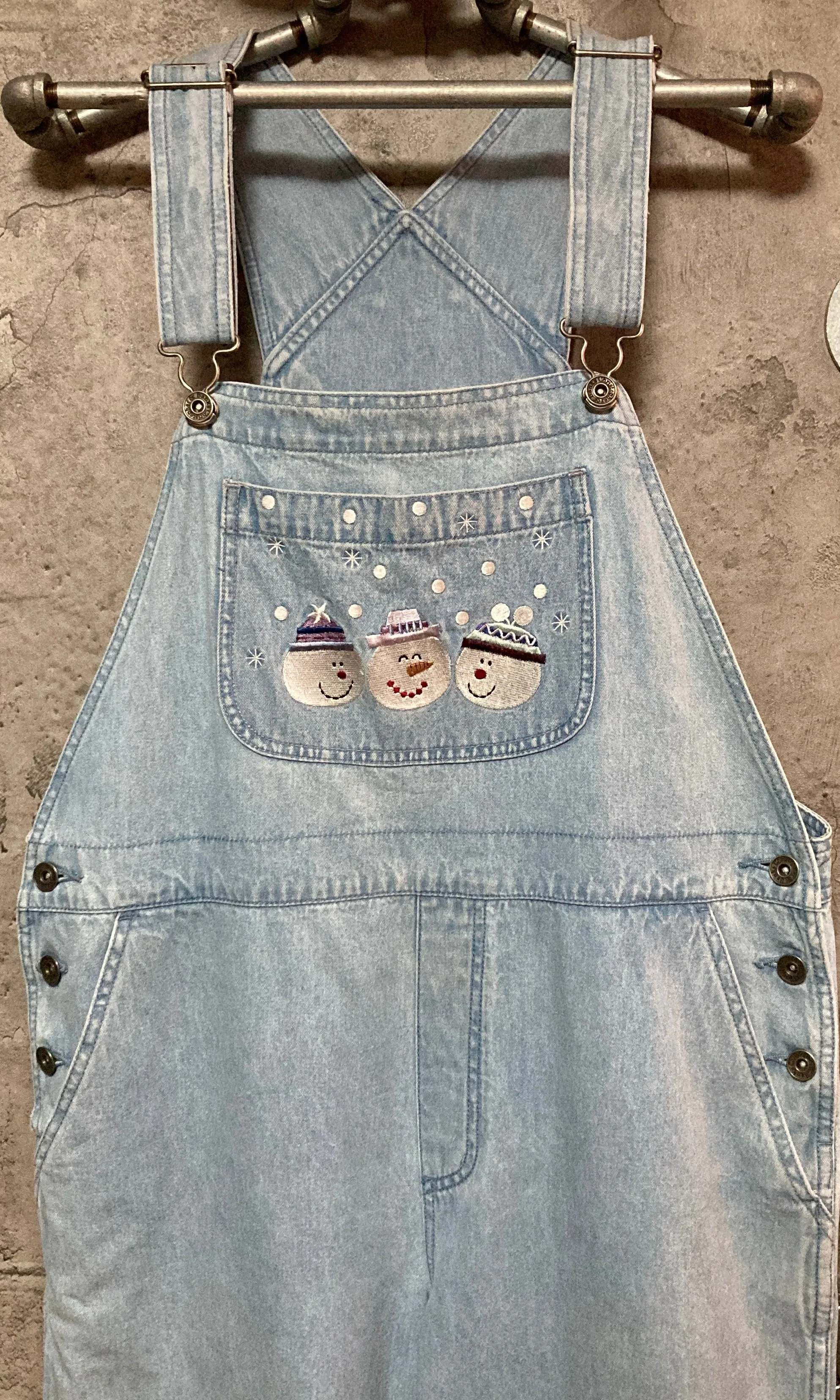 snowman embroidered denim overall
