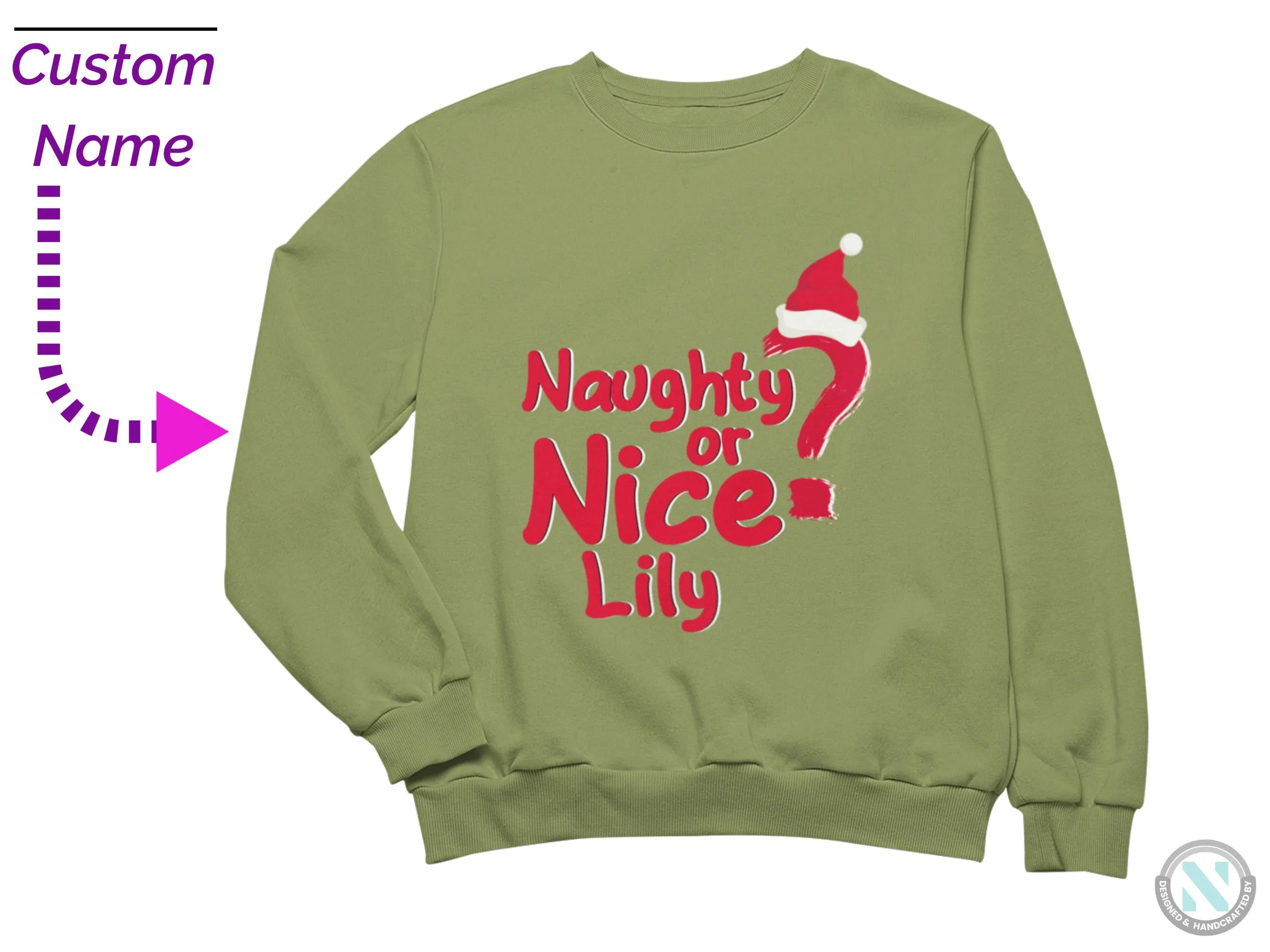 Toddler Girls Personalized Name Jumper Sweatshirt with Naughty or Nice Text