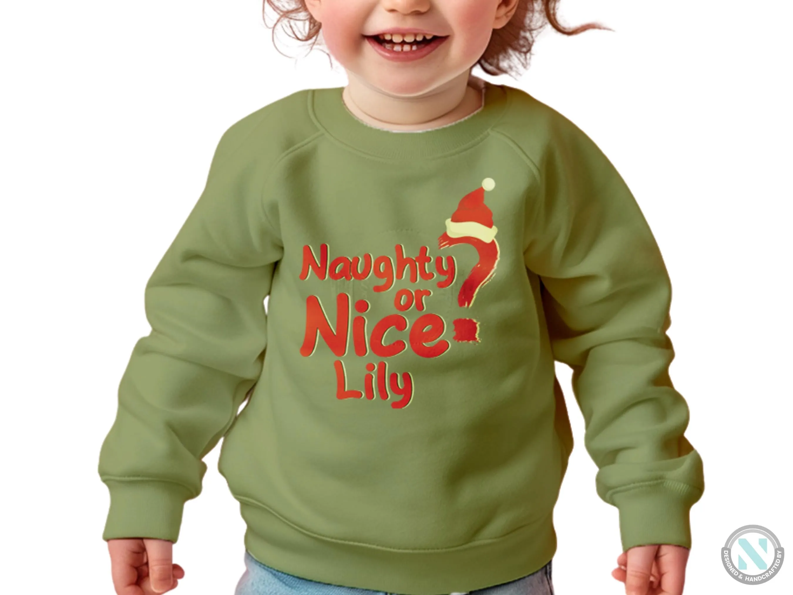 Toddler Girls Personalized Name Jumper Sweatshirt with Naughty or Nice Text