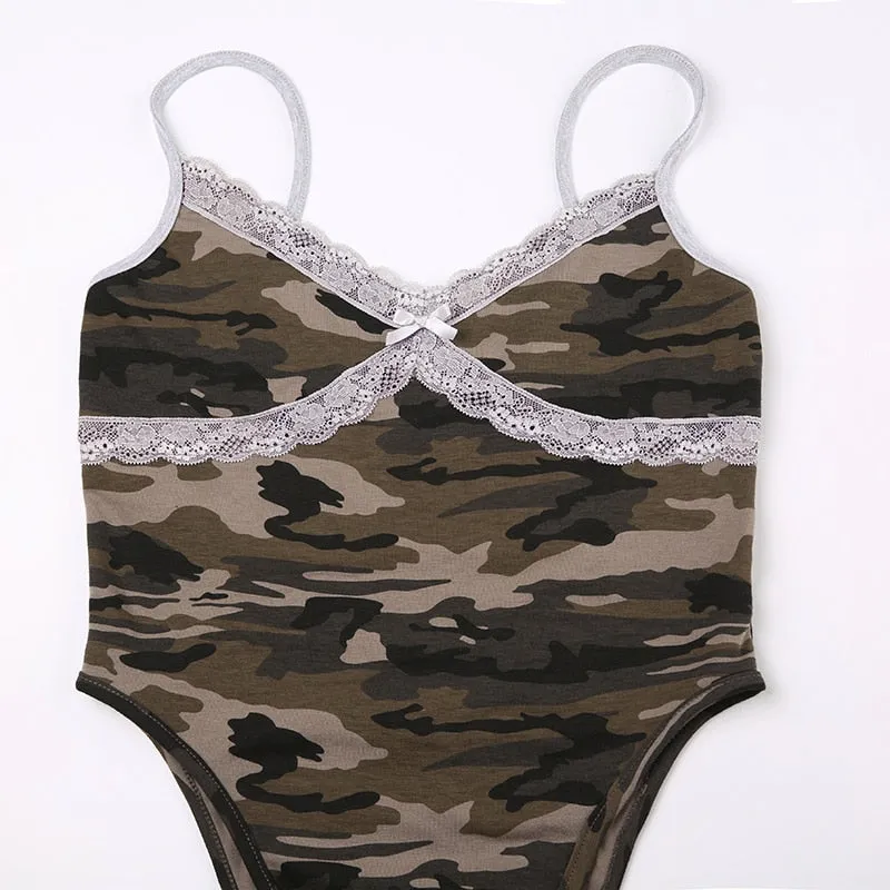 Vintage Camouflage Lace Trim Skinny  Bodysuit