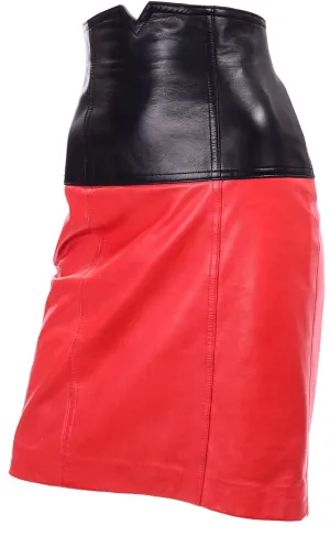 Vintage Margaretha Ley for Escada Leather Skirt in Red & Black Color Block