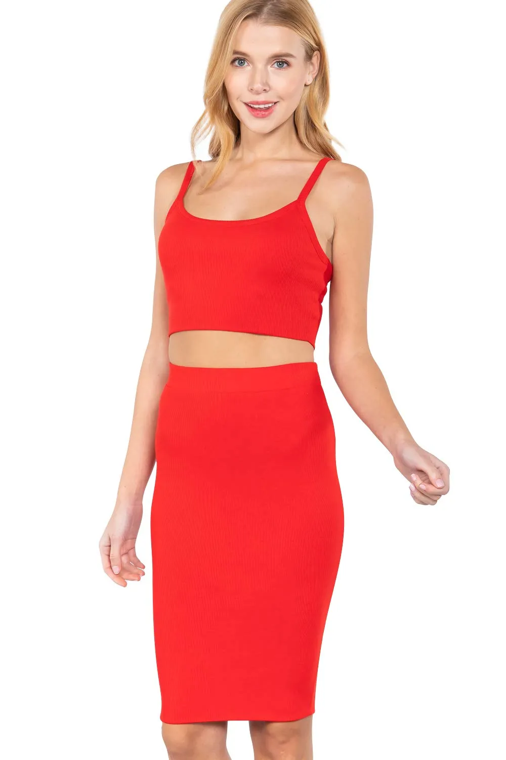 Women's Crop Cami Tank Top & Pencil Midi Skirt Ribbed Set