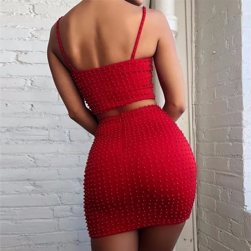 Women's Summer Sheath Two-Piece Dress With Pearls