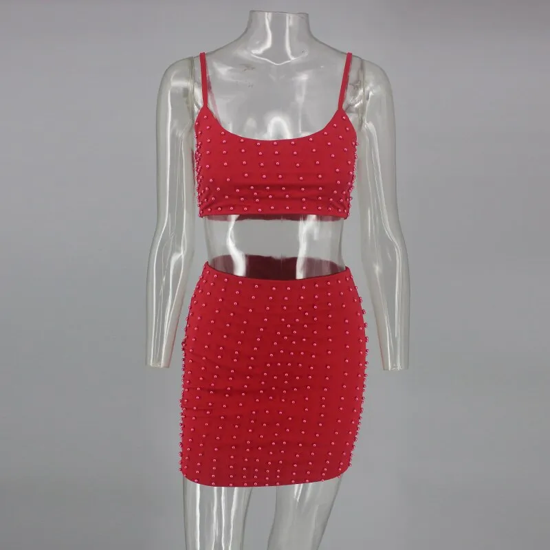 Women's Summer Sheath Two-Piece Dress With Pearls