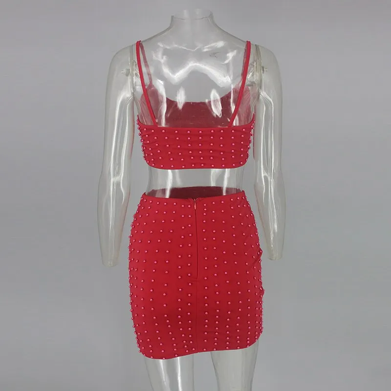 Women's Summer Sheath Two-Piece Dress With Pearls